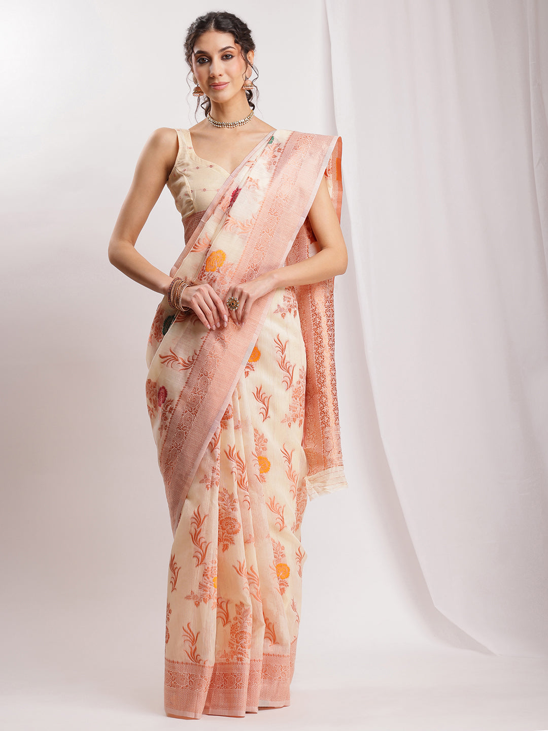 Janasya Orange Linen Blend Floral Jacquard Saree | Grocsy