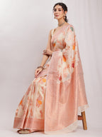 Janasya Orange Linen Blend Floral Jacquard Saree | Grocsy