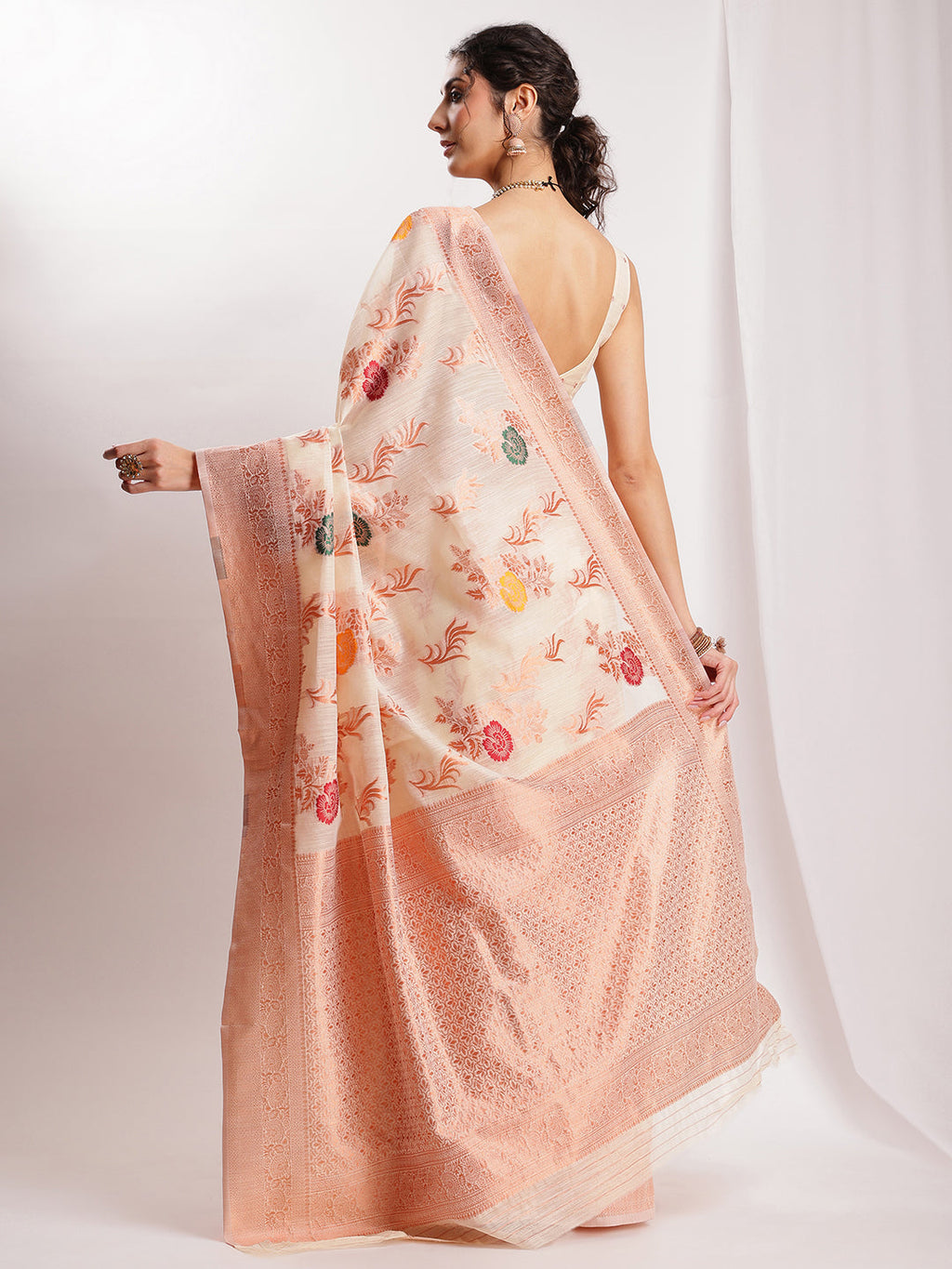 Janasya Orange Linen Blend Floral Jacquard Saree | Grocsy