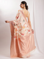 Janasya Orange Linen Blend Floral Jacquard Saree | Grocsy