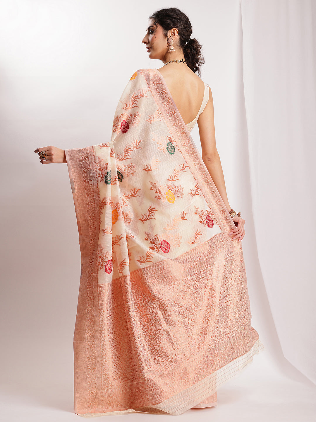 Janasya Orange Linen Blend Floral Jacquard Saree | Grocsy