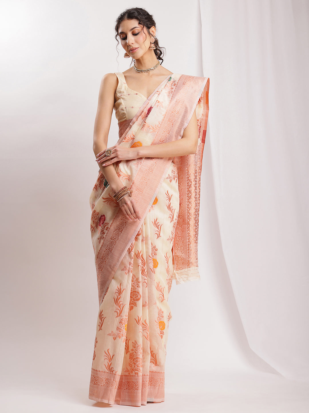 Janasya Orange Linen Blend Floral Jacquard Saree | Grocsy