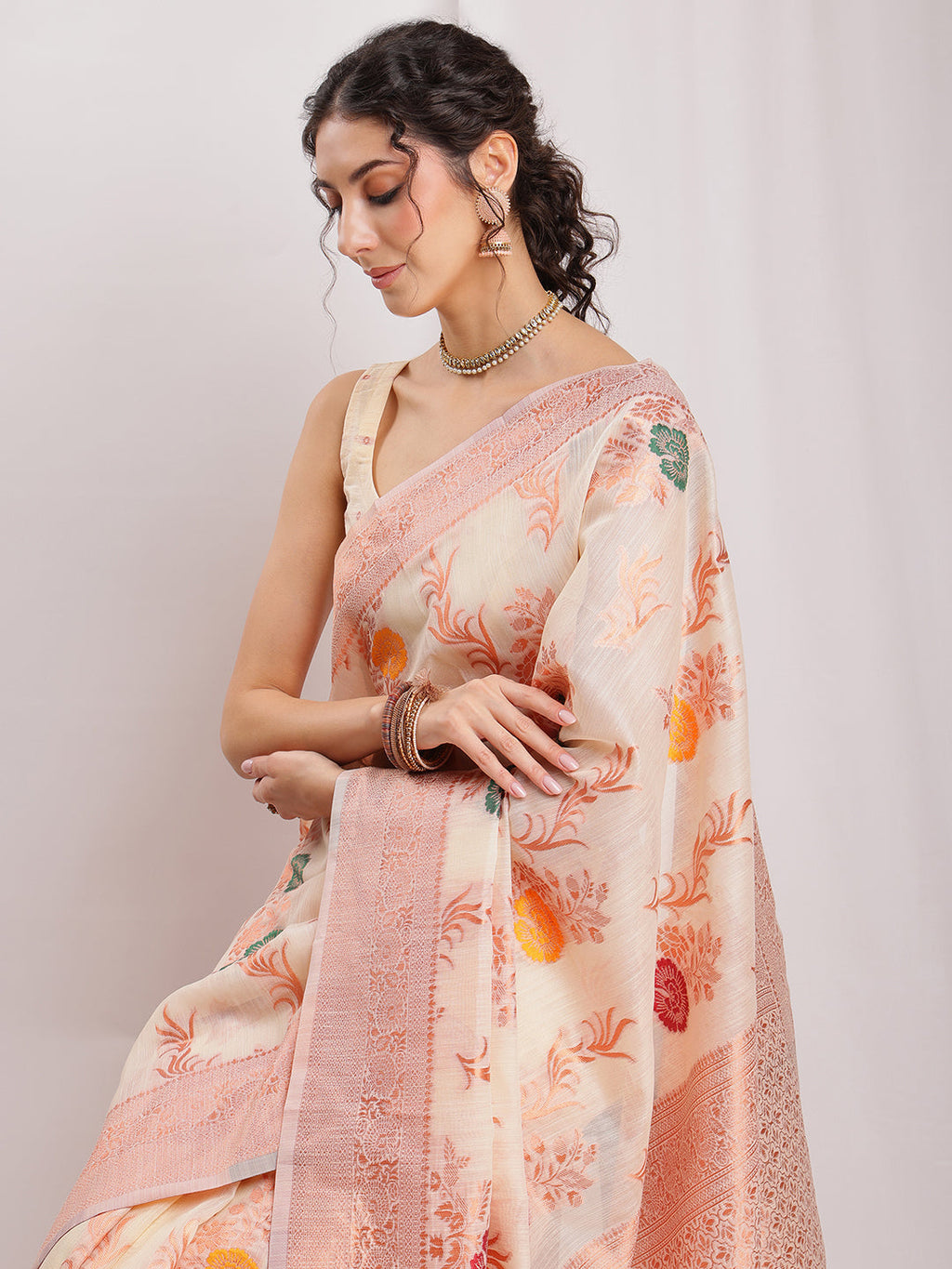 Janasya Orange Linen Blend Floral Jacquard Saree | Grocsy