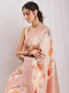Janasya Orange Linen Blend Floral Jacquard Saree | Grocsy