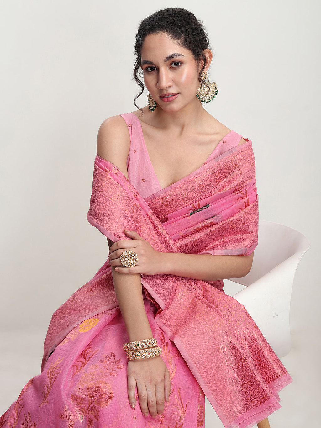 Janasya Pink Linen Blend Floral Jacquard Saree | Grocsy