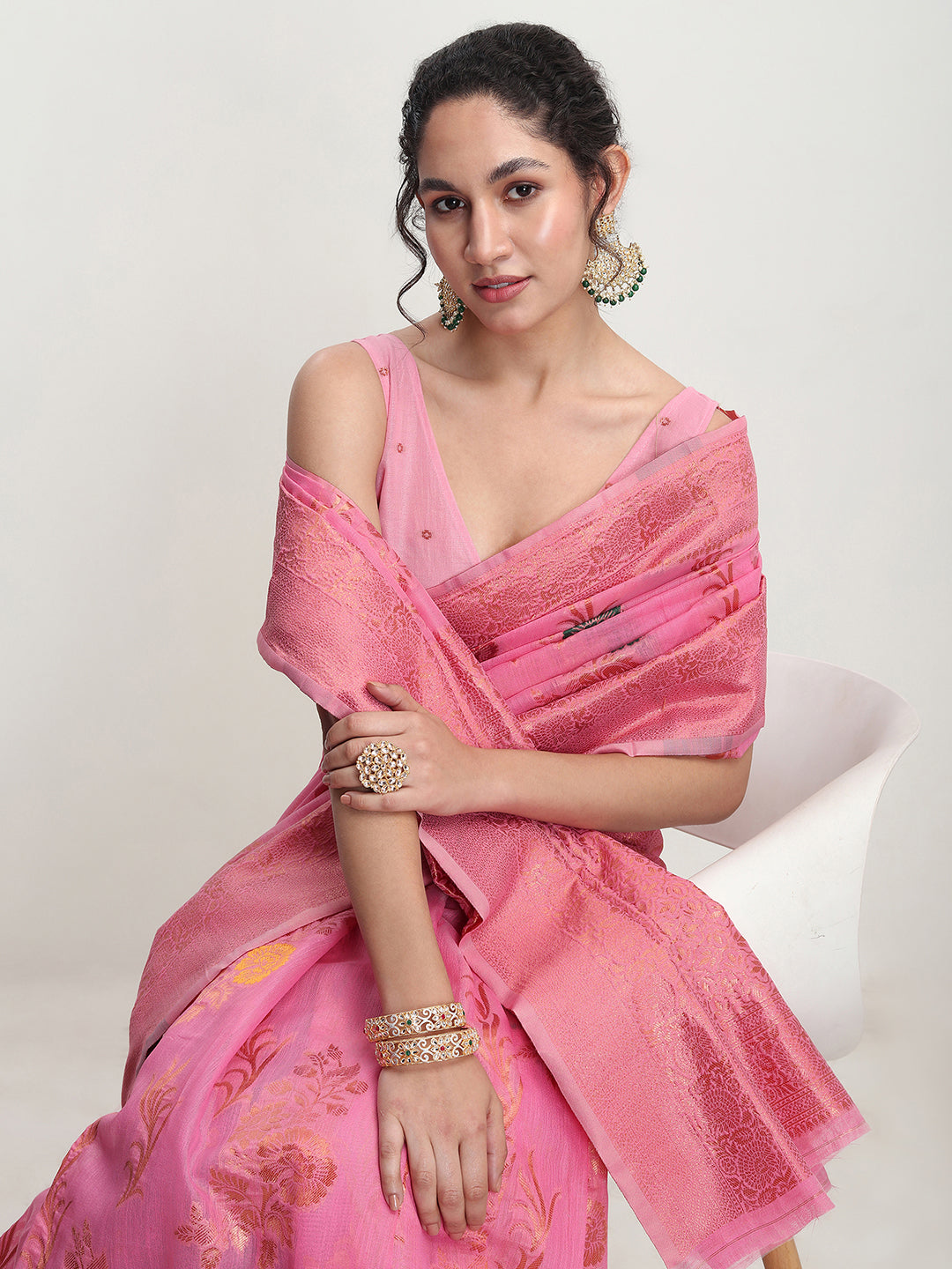 Janasya Pink Linen Blend Floral Jacquard Saree | Grocsy