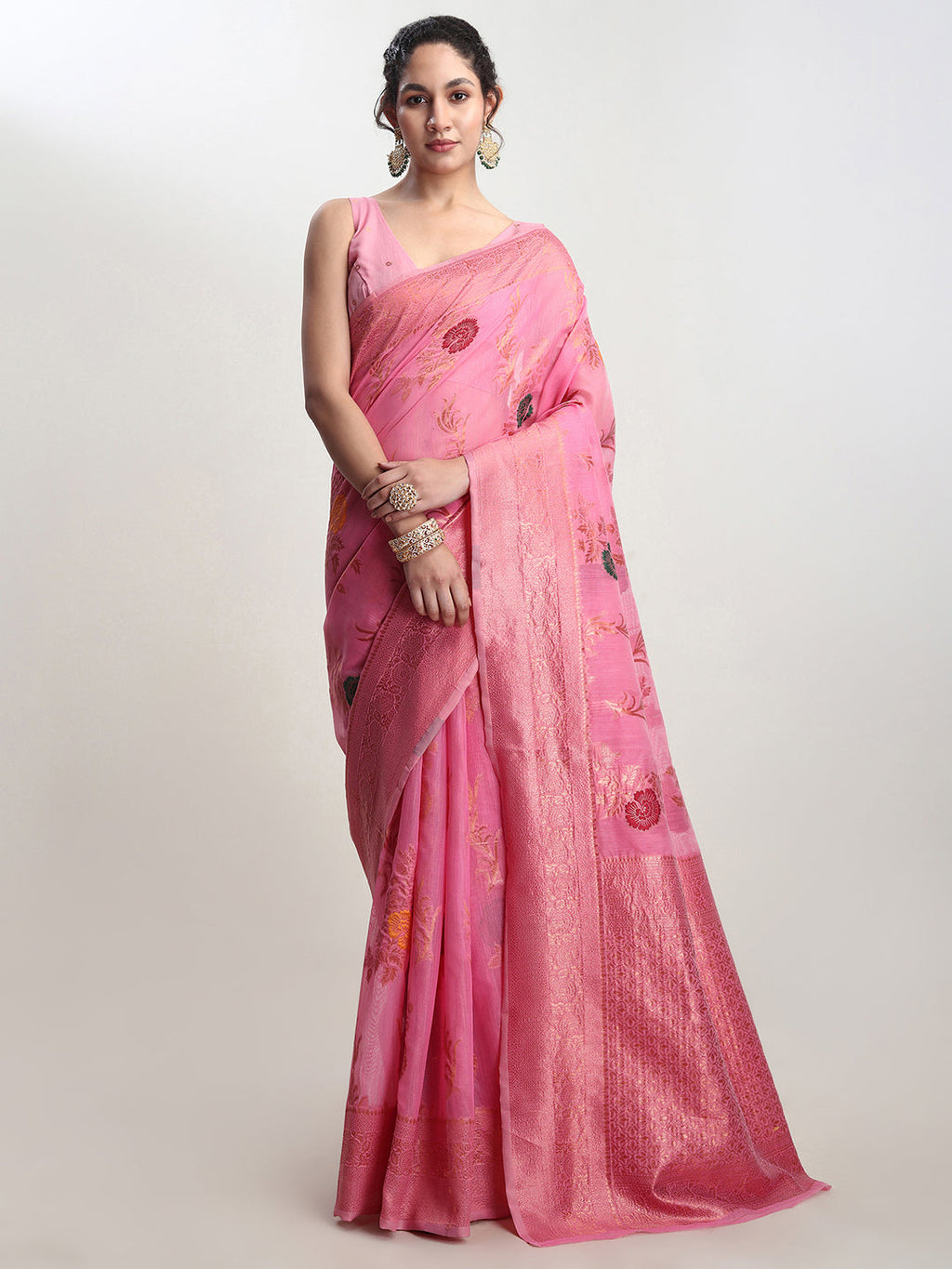 Janasya Pink Linen Blend Floral Jacquard Saree | Grocsy