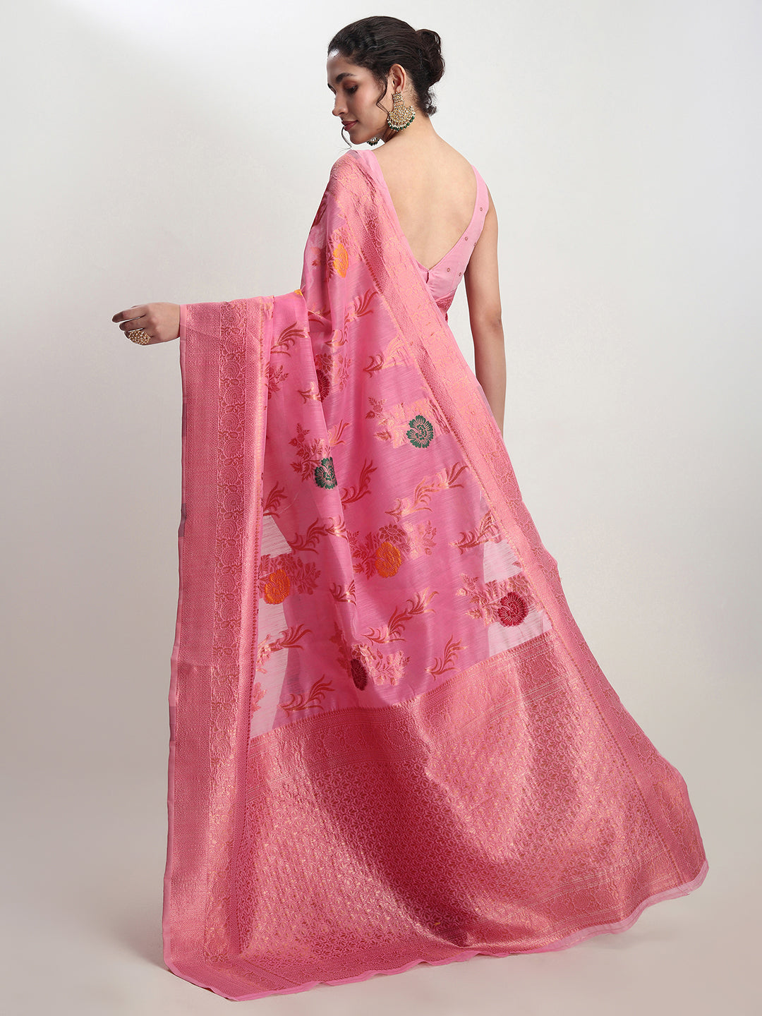 Janasya Pink Linen Blend Floral Jacquard Saree | Grocsy