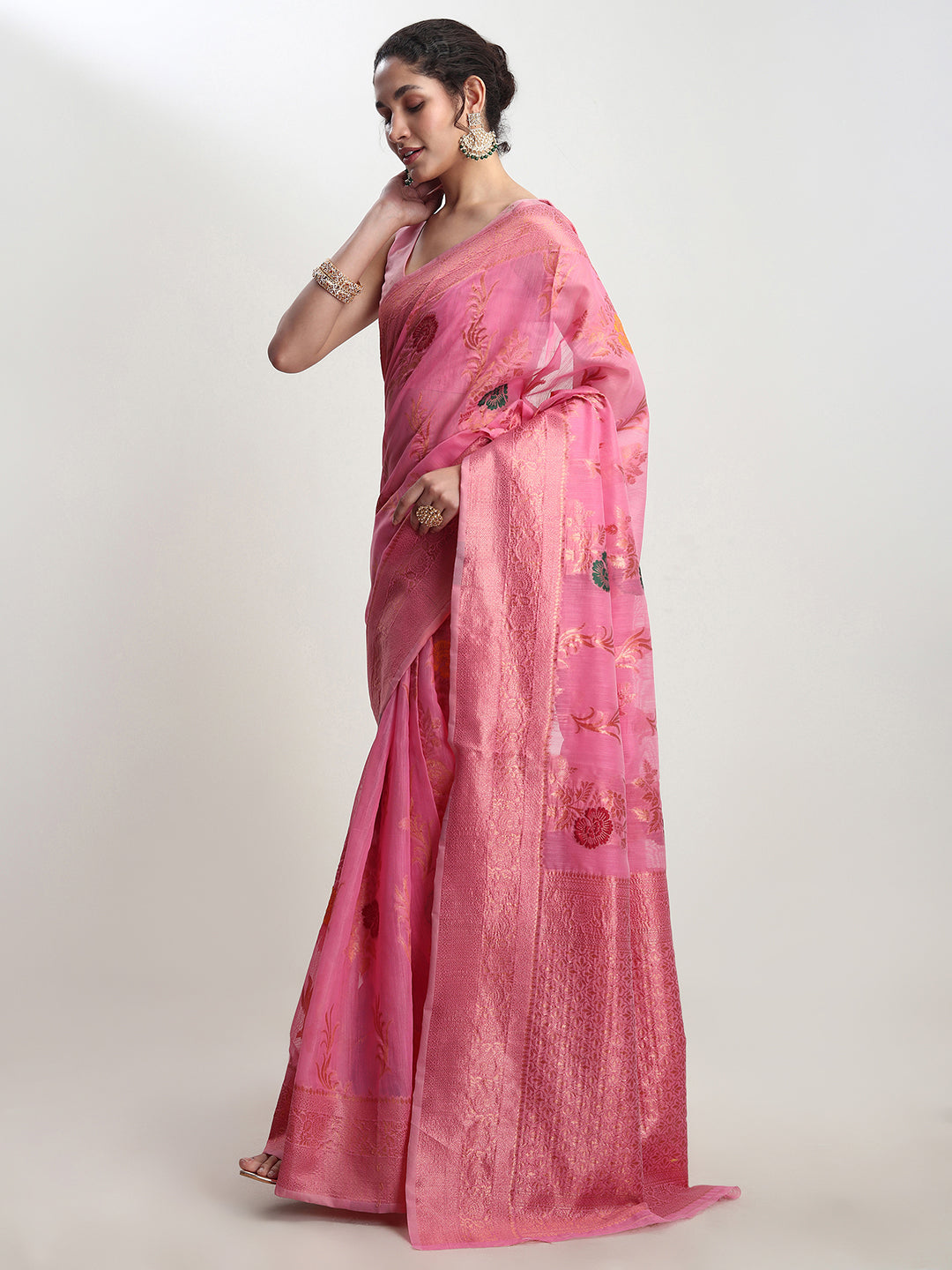 Janasya Pink Linen Blend Floral Jacquard Saree | Grocsy