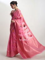 Janasya Pink Linen Blend Floral Jacquard Saree | Grocsy