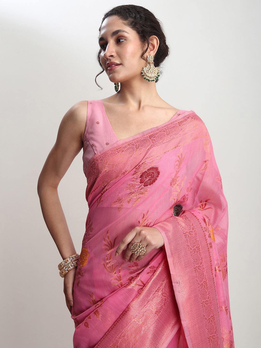 Janasya Pink Linen Blend Floral Jacquard Saree | Grocsy