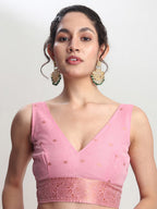 Janasya Pink Linen Blend Floral Jacquard Saree | Grocsy