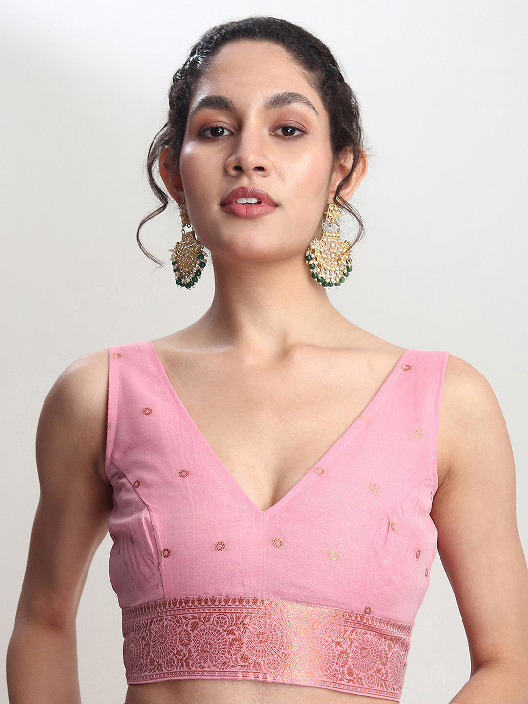 Janasya Pink Linen Blend Floral Jacquard Saree | Grocsy