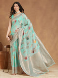 Janasya Sea Blue Linen Blend Floral Jacquard Saree | Grocsy