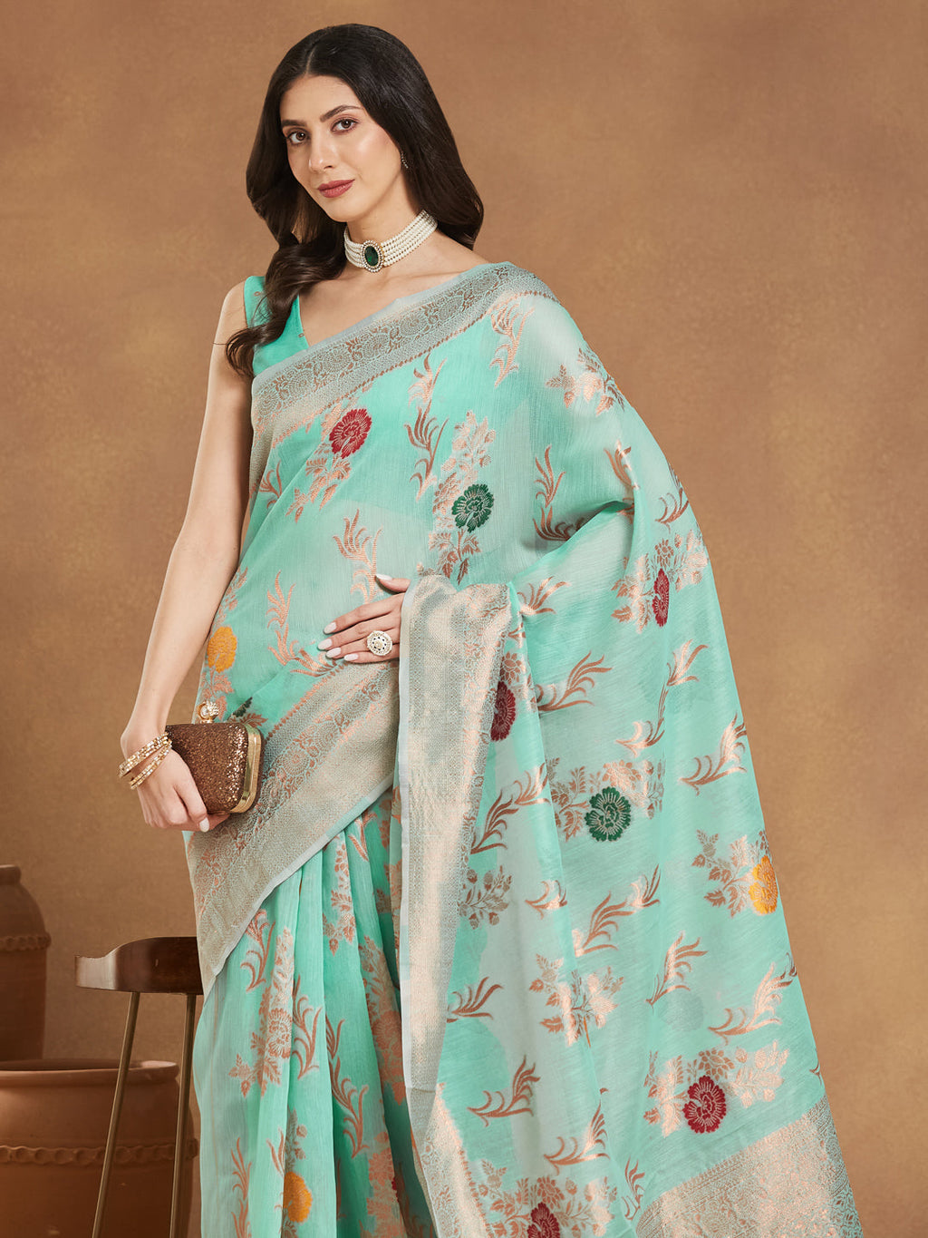 Janasya Sea Blue Linen Blend Floral Jacquard Saree | Grocsy