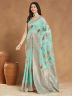 Janasya Sea Blue Linen Blend Floral Jacquard Saree | Grocsy