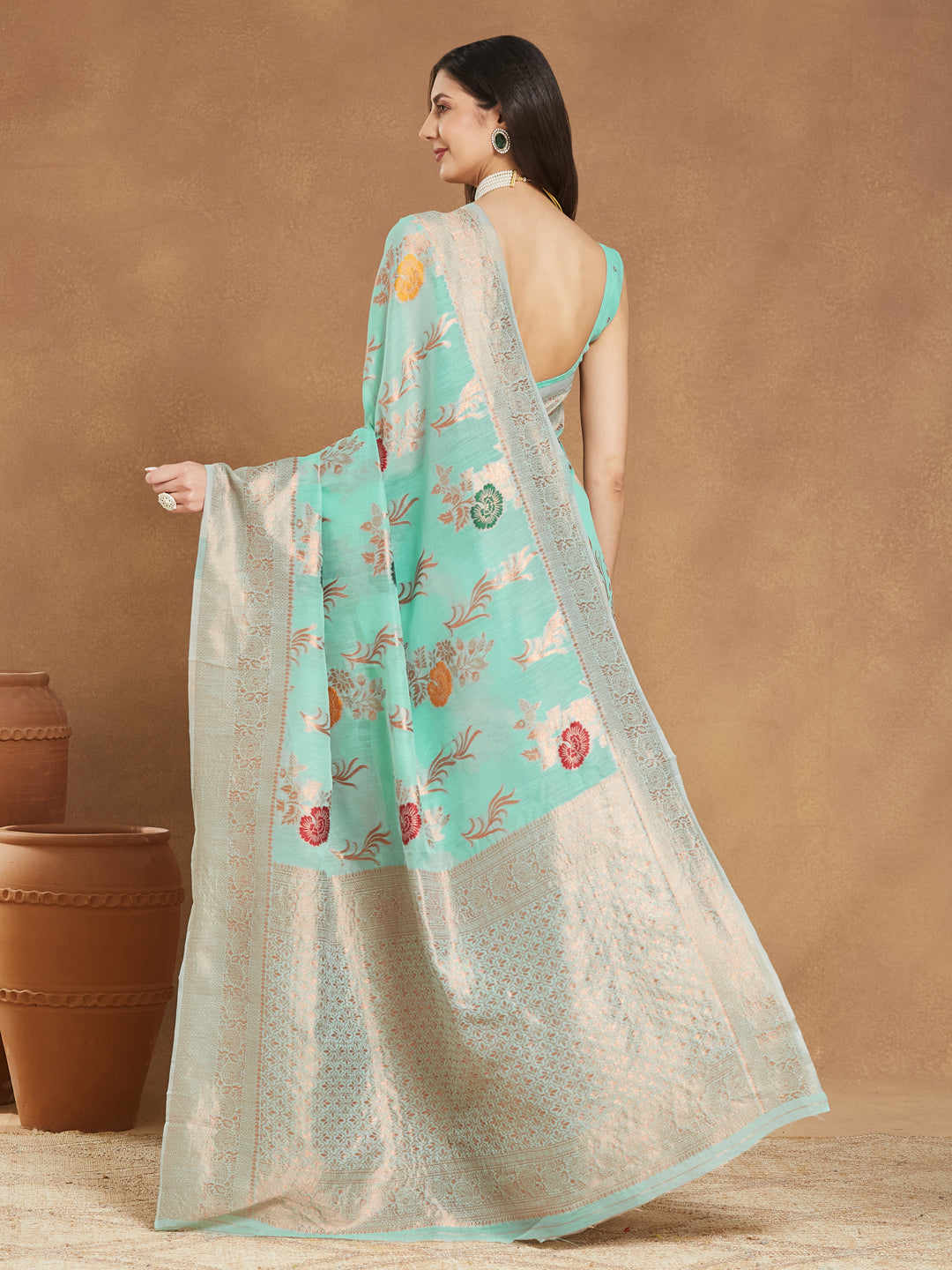 Janasya Sea Blue Linen Blend Floral Jacquard Saree | Grocsy