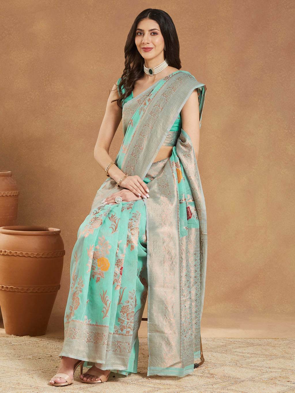 Janasya Sea Blue Linen Blend Floral Jacquard Saree | Grocsy