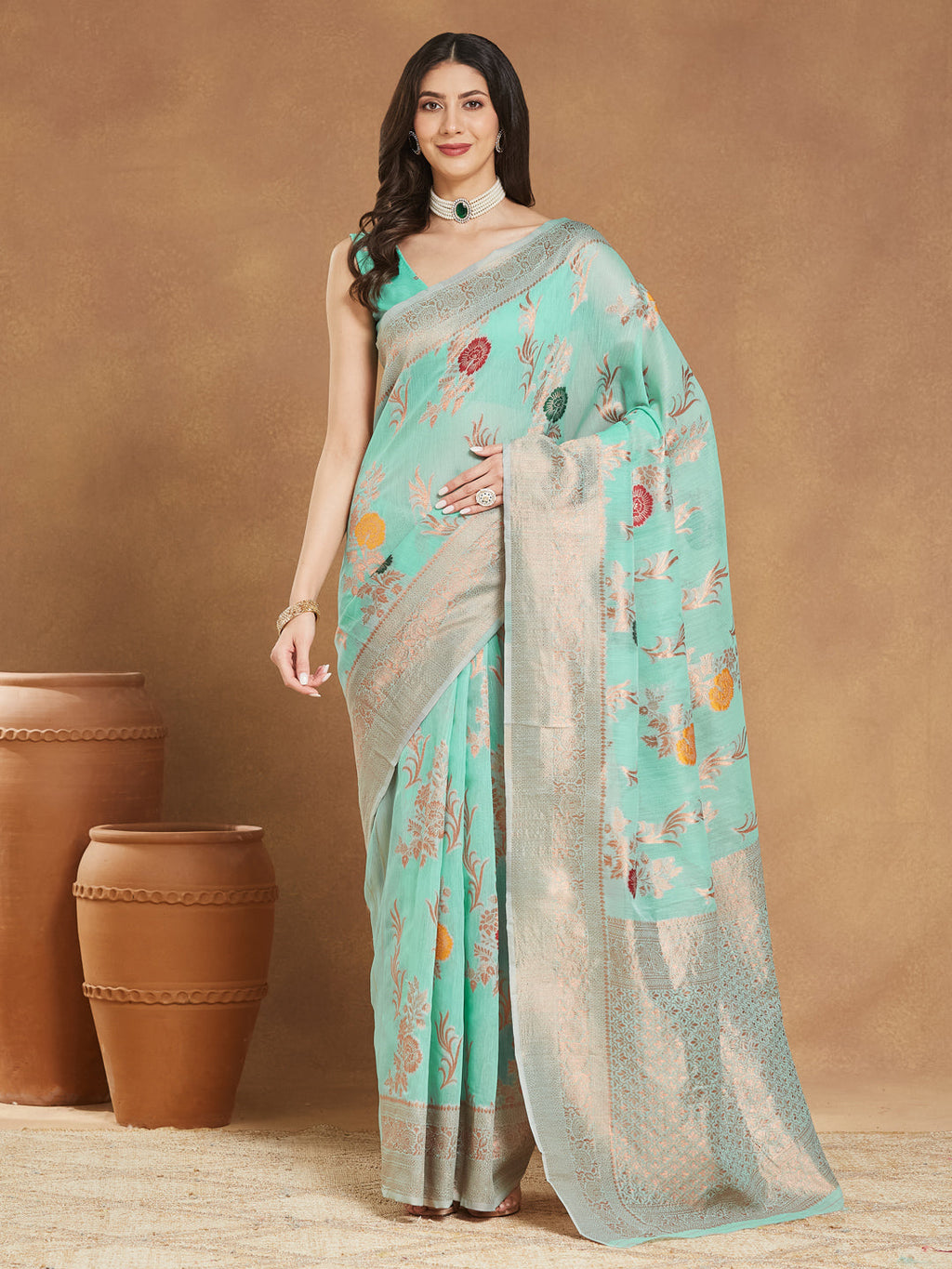 Janasya Sea Blue Linen Blend Floral Jacquard Saree | Grocsy