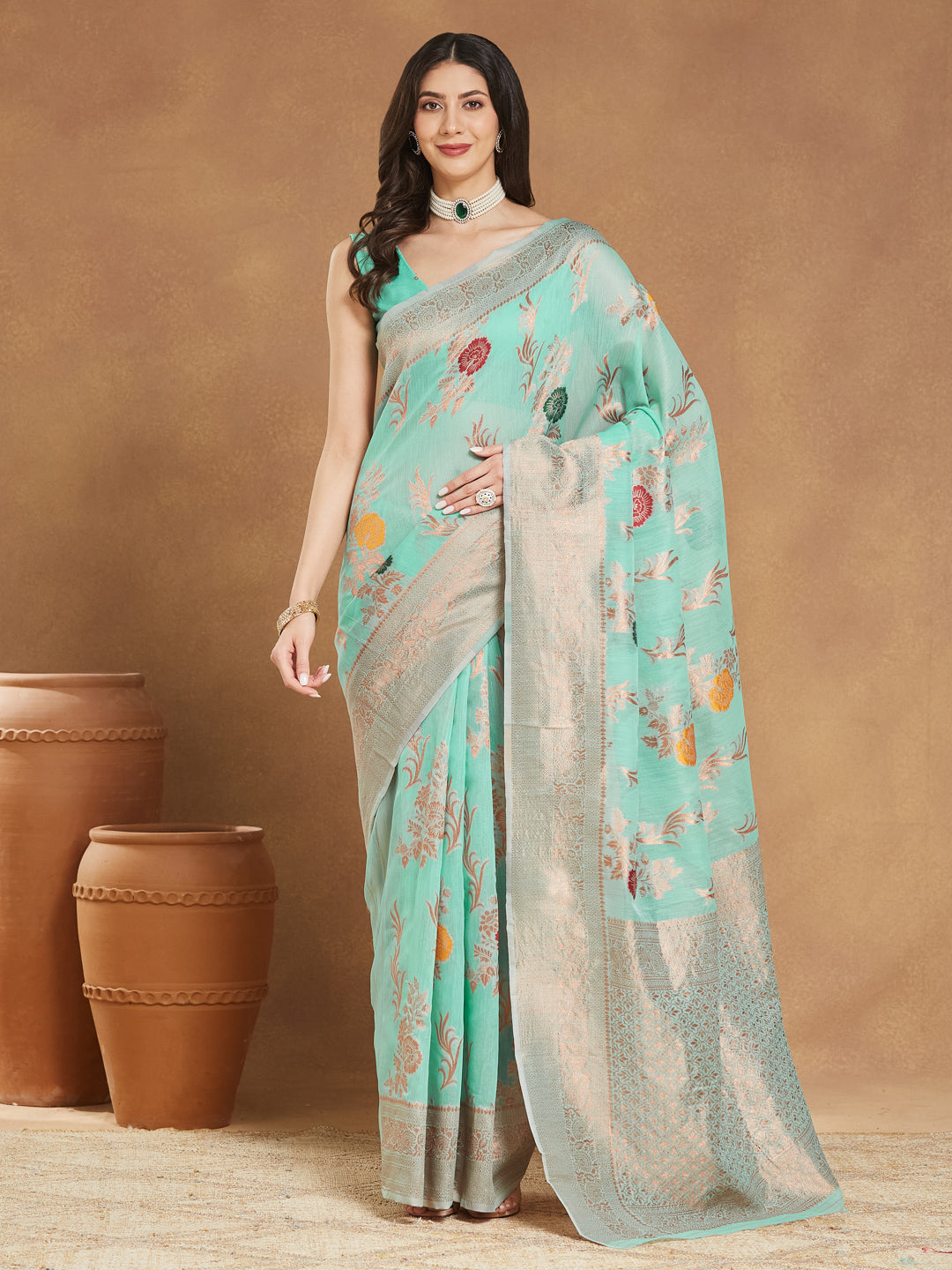 Janasya Sea Blue Linen Blend Floral Jacquard Saree | Grocsy