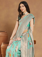 Janasya Sea Blue Linen Blend Floral Jacquard Saree | Grocsy