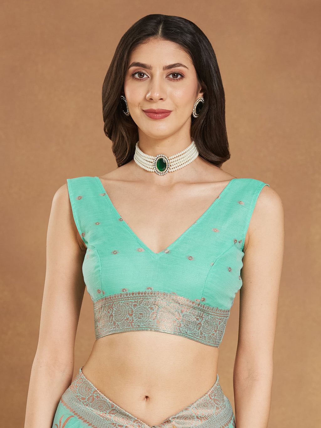 Janasya Sea Blue Linen Blend Floral Jacquard Saree | Grocsy