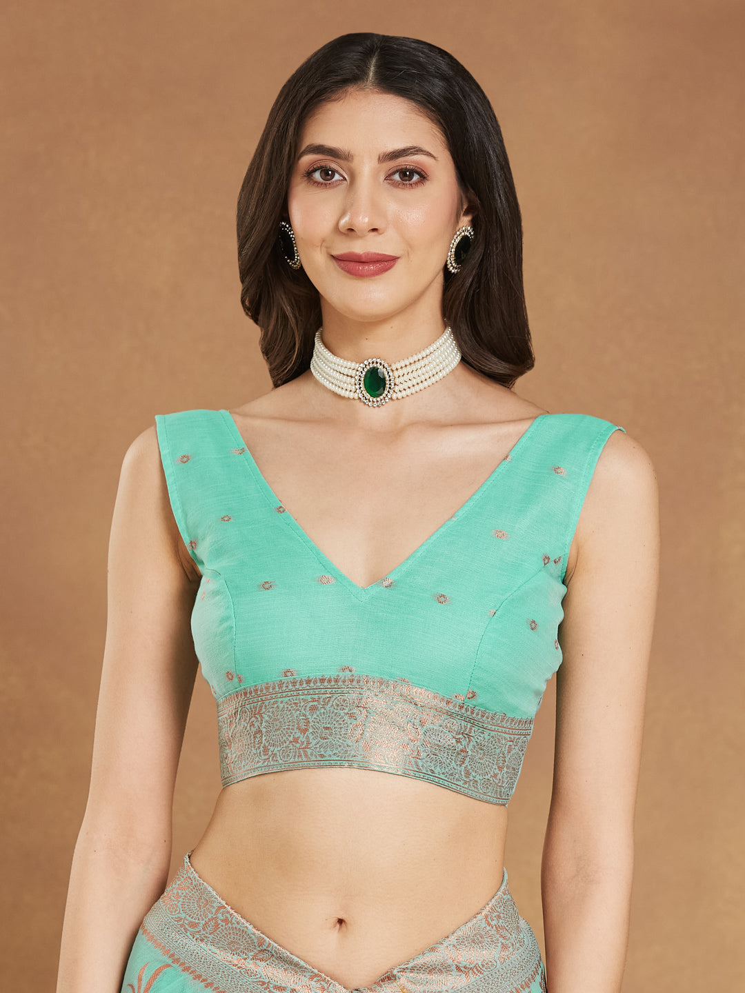Janasya Sea Blue Linen Blend Floral Jacquard Saree | Grocsy