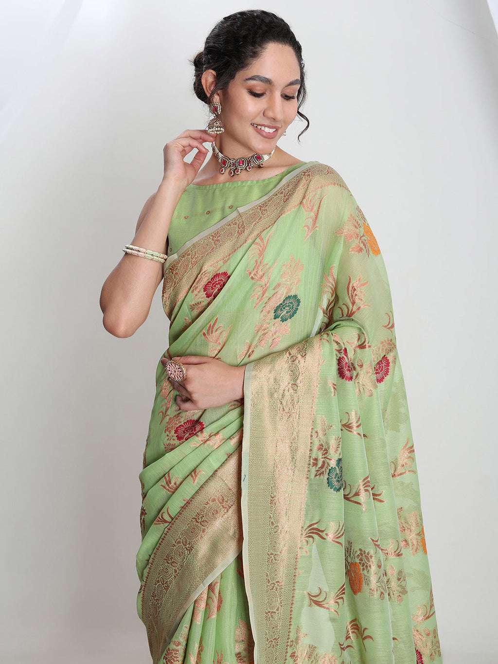 Janasya Light Green Linen Blend Floral Jacquard Saree | Grocsy
