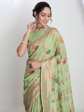 Janasya Light Green Linen Blend Floral Jacquard Saree | Grocsy