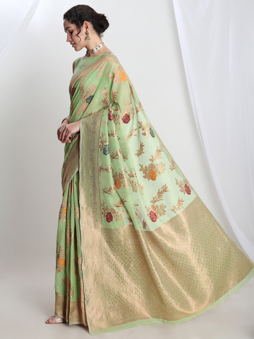 Janasya Light Green Linen Blend Floral Jacquard Saree | Grocsy