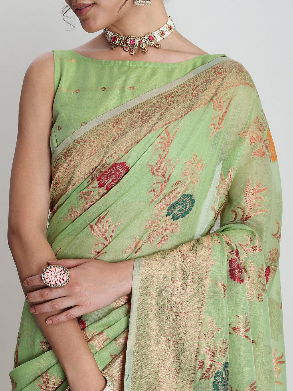 Janasya Light Green Linen Blend Floral Jacquard Saree | Grocsy