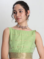 Janasya Light Green Linen Blend Floral Jacquard Saree | Grocsy