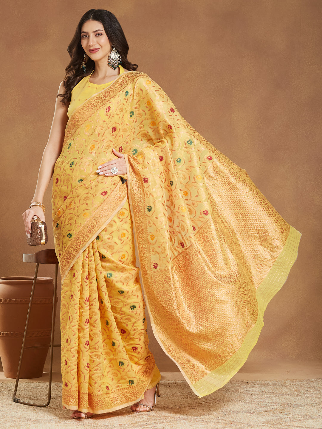 Janasya Yellow Linen Blend Patola Jacquard Saree | Grocsy