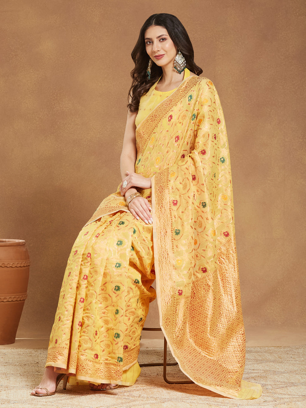 Janasya Yellow Linen Blend Patola Jacquard Saree | Grocsy
