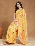 Janasya Yellow Linen Blend Patola Jacquard Saree | Grocsy