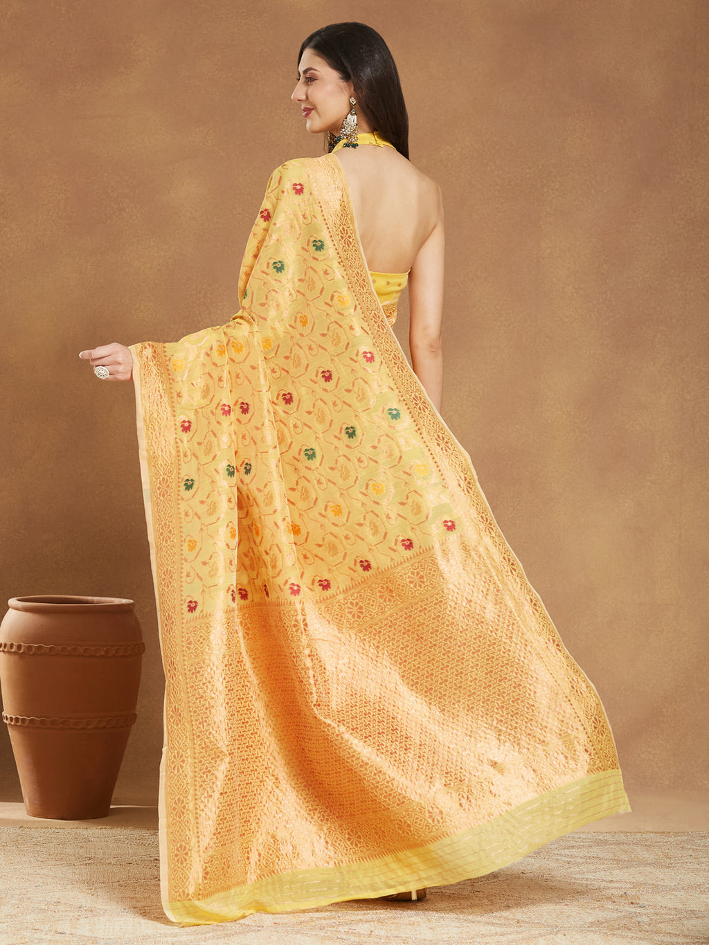 Janasya Yellow Linen Blend Patola Jacquard Saree | Grocsy