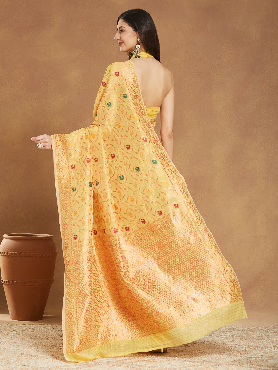 Janasya Yellow Linen Blend Patola Jacquard Saree | Grocsy
