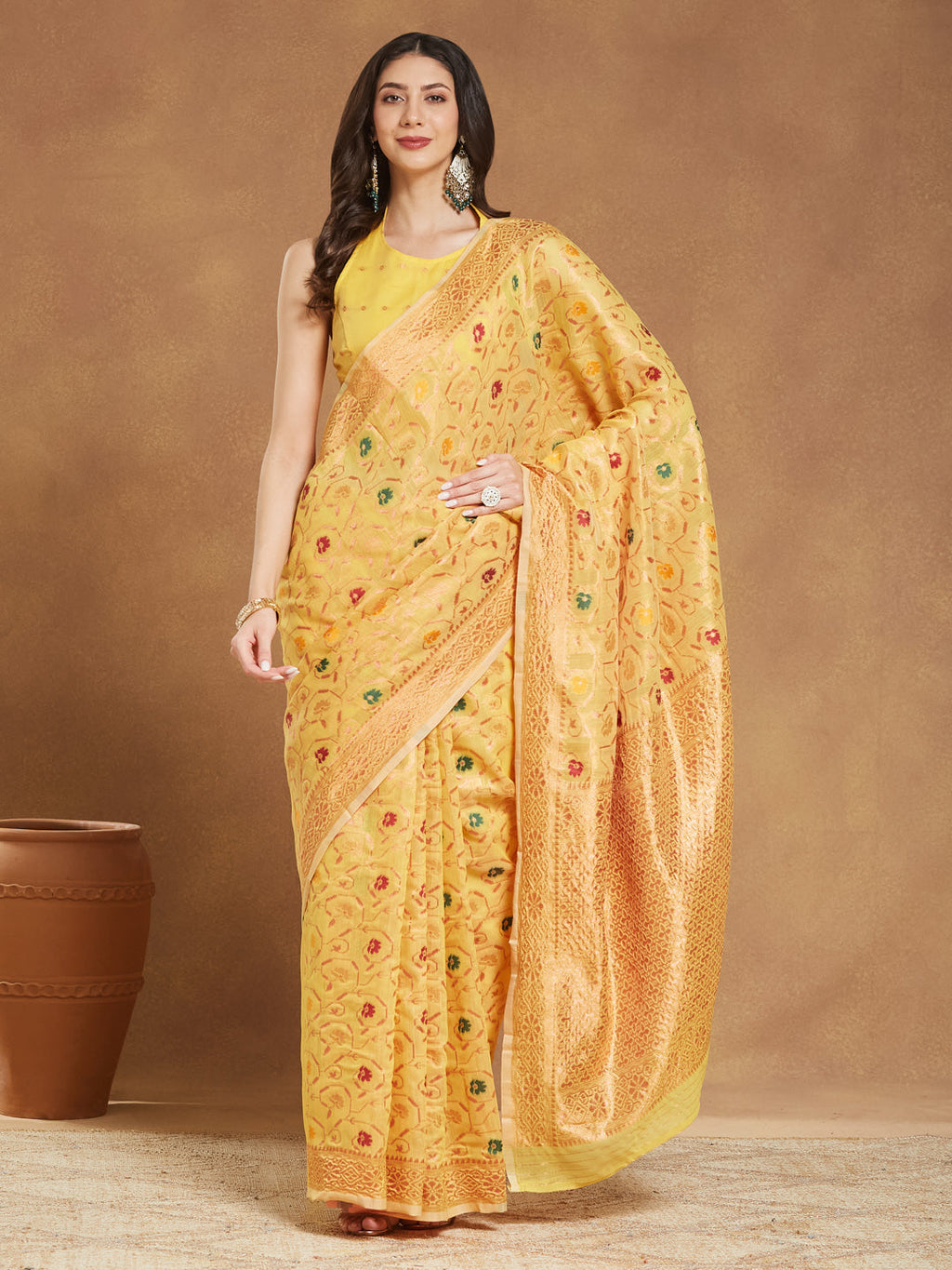 Janasya Yellow Linen Blend Patola Jacquard Saree | Grocsy