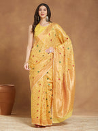 Janasya Yellow Linen Blend Patola Jacquard Saree | Grocsy