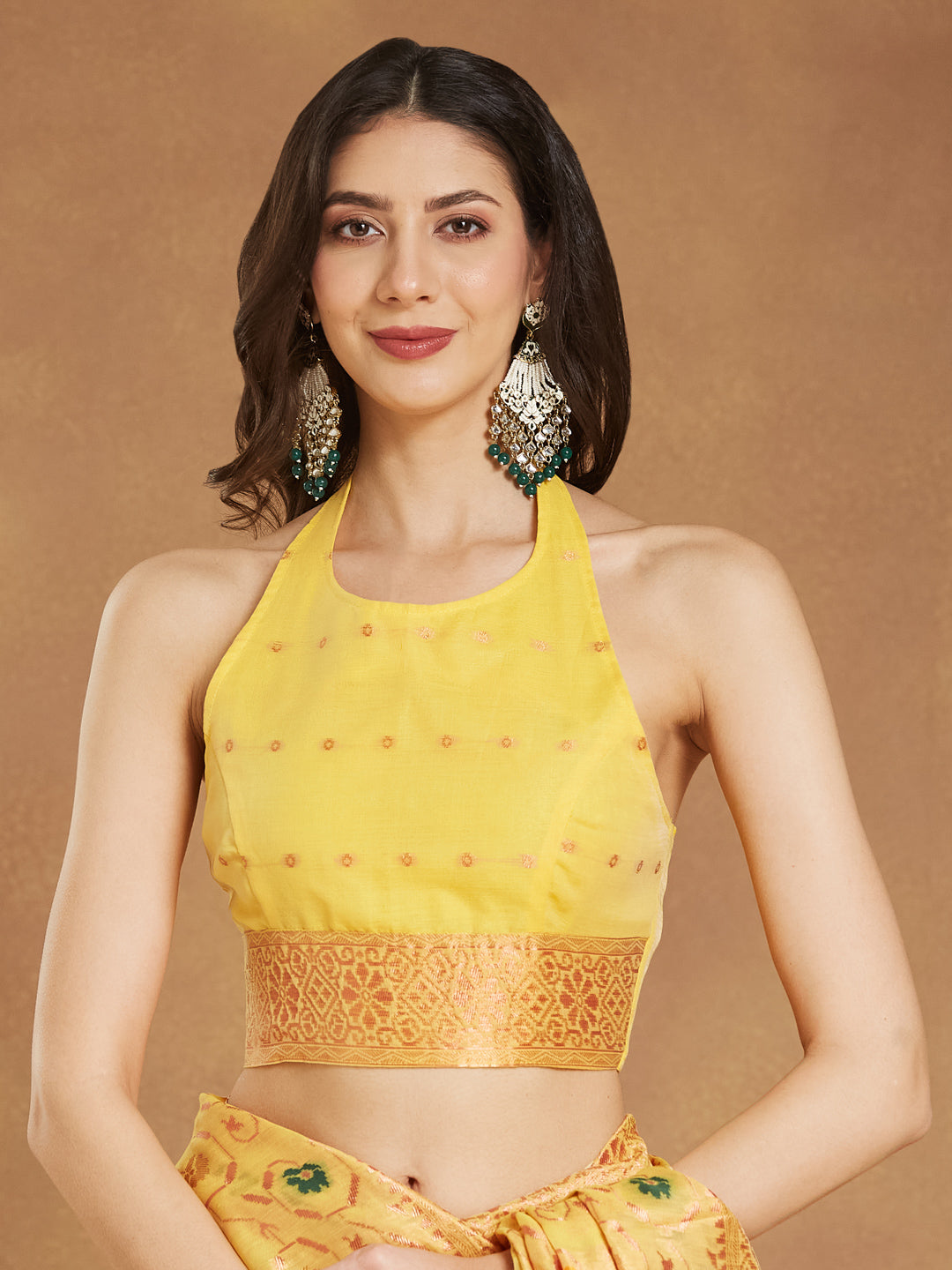 Janasya Yellow Linen Blend Patola Jacquard Saree | Grocsy
