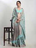 Janasya Sea Green Linen Blend Floral Jacquard Saree | Grocsy