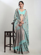 Janasya Sea Green Linen Blend Floral Jacquard Saree | Grocsy