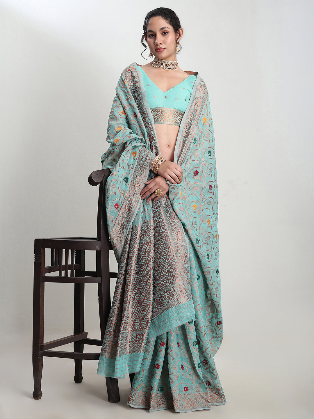 Janasya Sea Green Linen Blend Floral Jacquard Saree | Grocsy