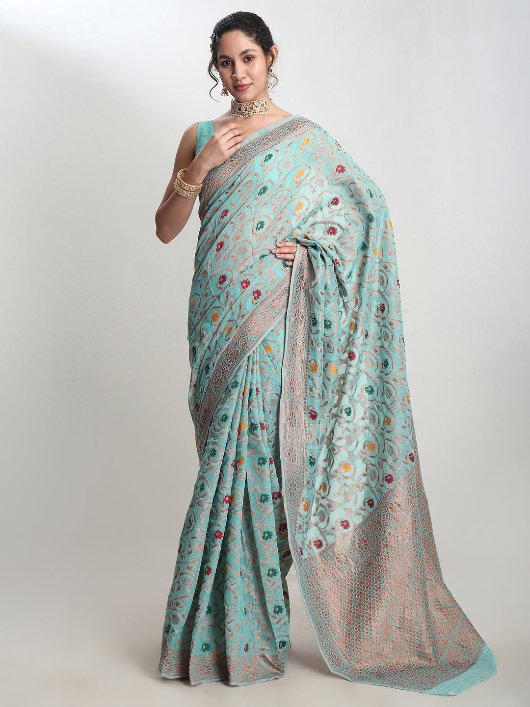Janasya Sea Green Linen Blend Floral Jacquard Saree | Grocsy