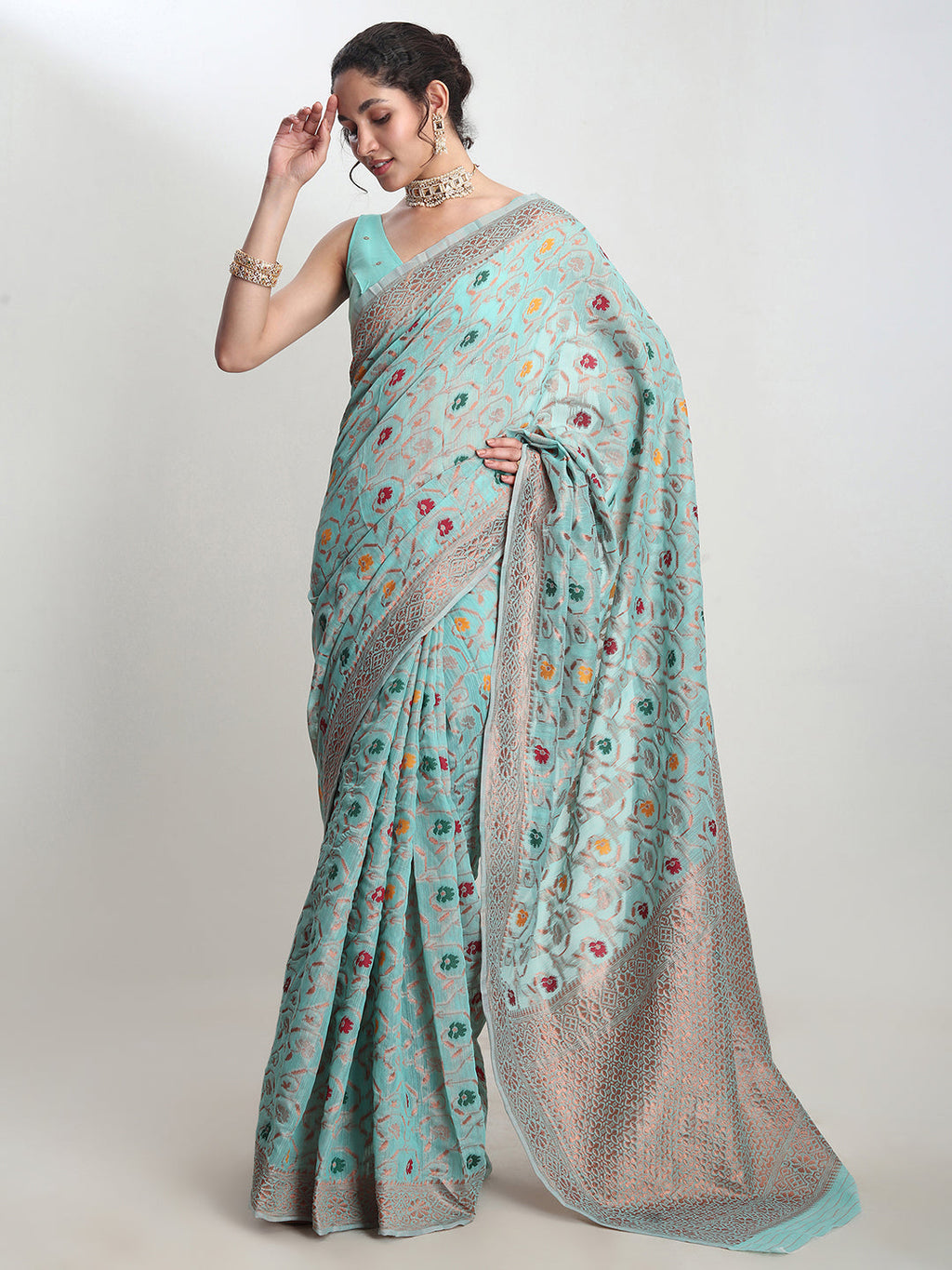 Janasya Sea Green Linen Blend Floral Jacquard Saree | Grocsy