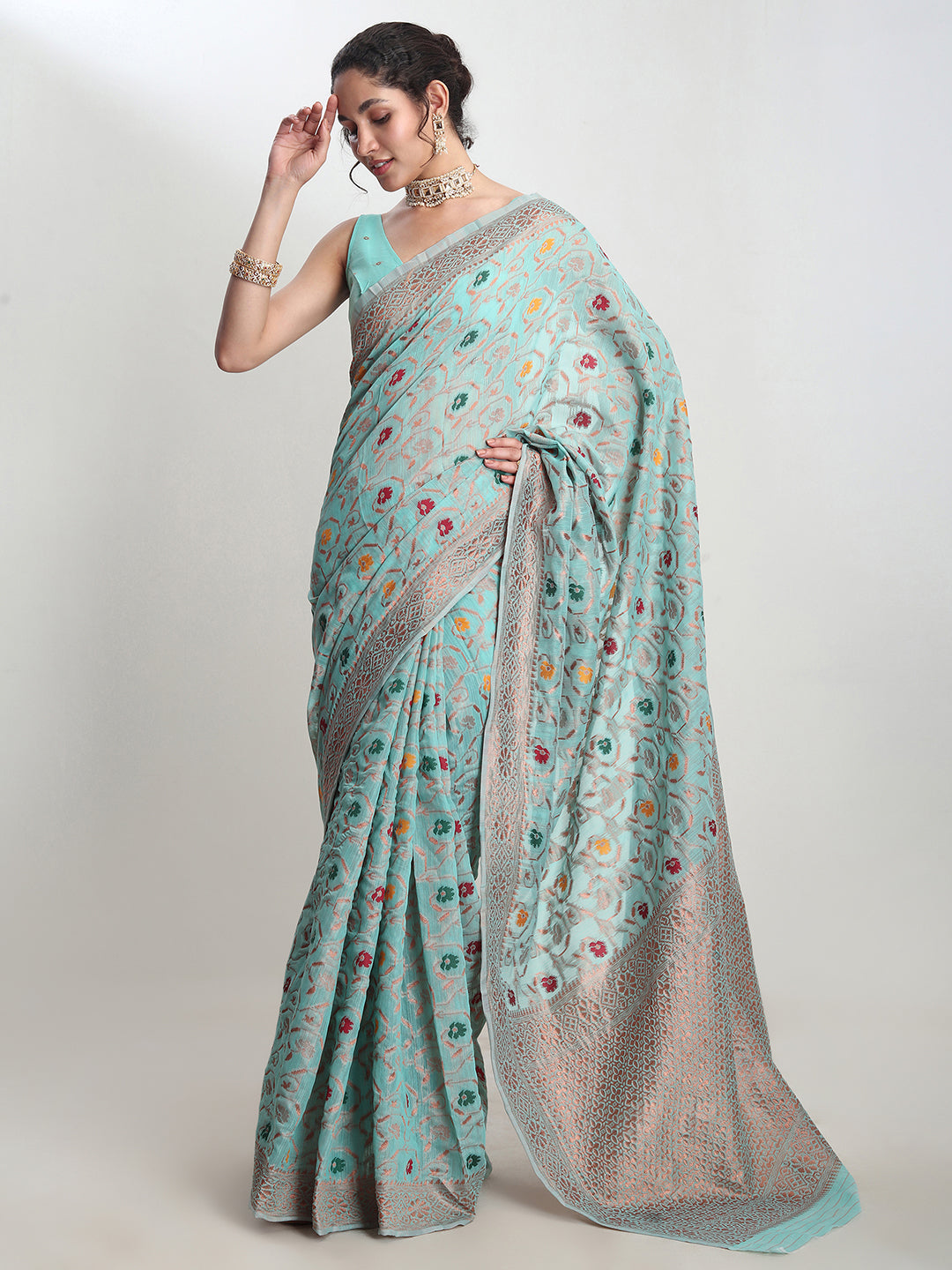 Janasya Sea Green Linen Blend Floral Jacquard Saree | Grocsy