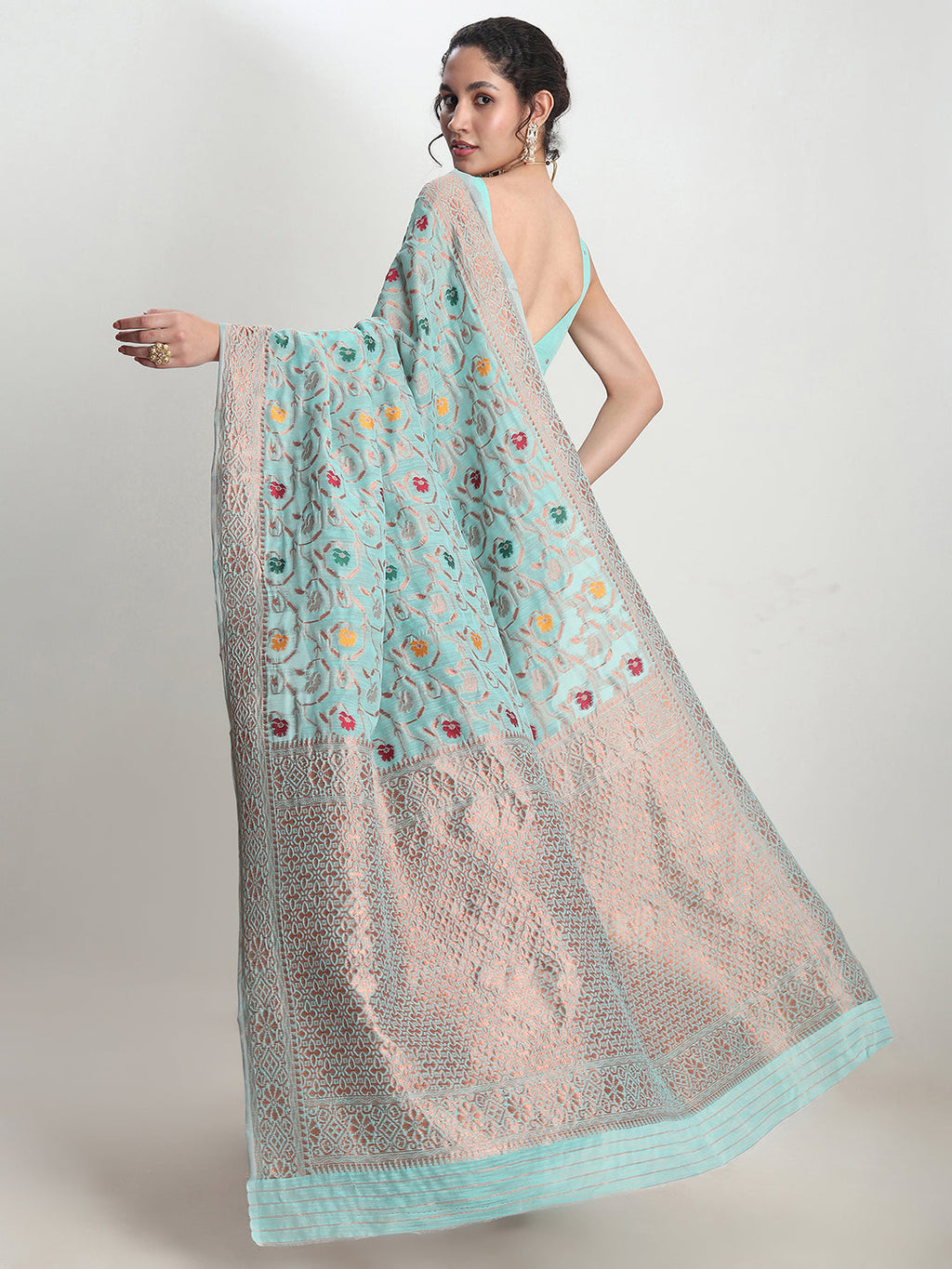 Janasya Sea Green Linen Blend Floral Jacquard Saree | Grocsy