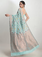 Janasya Sea Green Linen Blend Floral Jacquard Saree | Grocsy