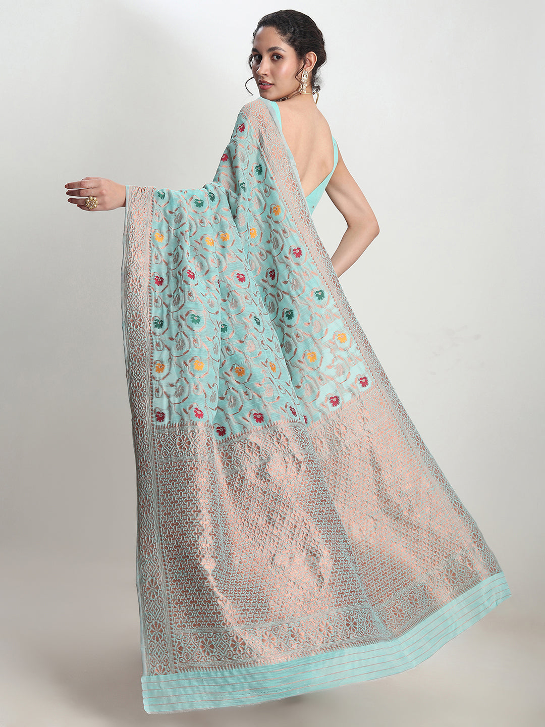 Janasya Sea Green Linen Blend Floral Jacquard Saree | Grocsy