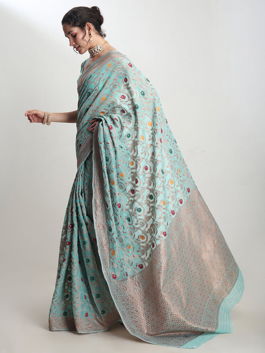 Janasya Sea Green Linen Blend Floral Jacquard Saree | Grocsy